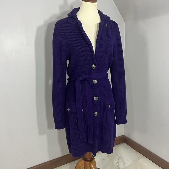 Ralph Lauren Preppy Purple Ribbed Long Cardigan Knit Sweater Belt Pockets Cotton - Picture 9 of 12